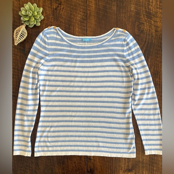 J. McLaughlin | Blue & White Striped Boatneck Lightweight Sweater - Picture 1 of 8